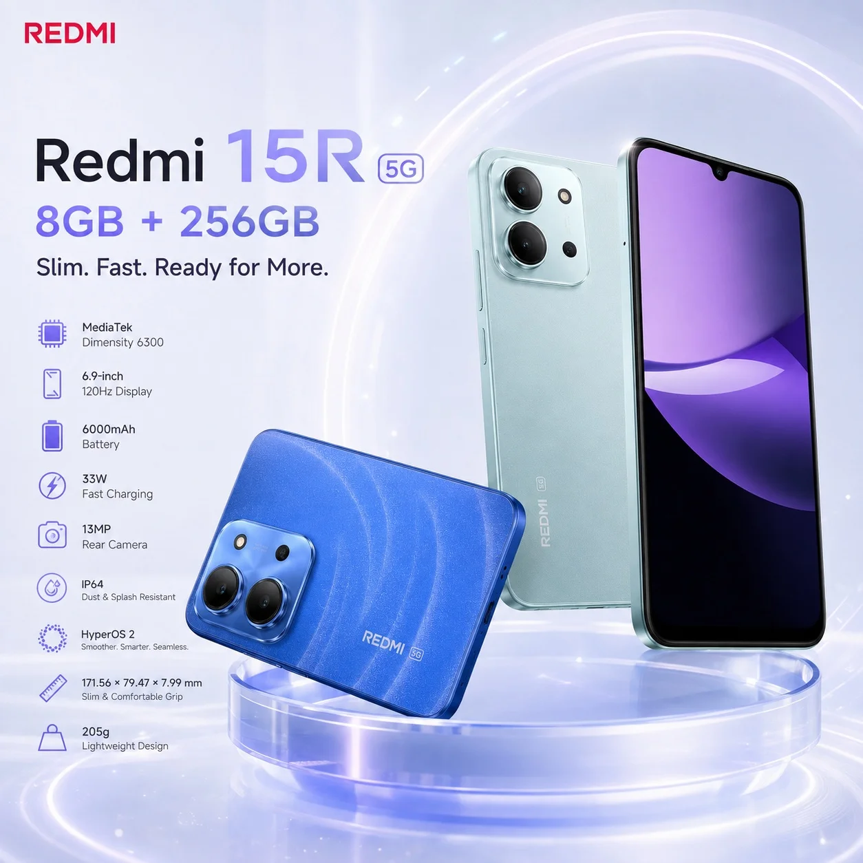 Redmi 15R 5G 8GB+256GB Phone, UFS 2.2 Storage, Dimensity 6300, 6.9'' 120Hz Display, 6000mAh Battery, 33W Charge, HyperOS 2