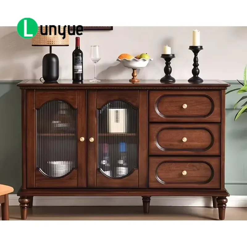 French Retro Solid Wood Dining Side Cabinet Champagne Glass Wine Tea Storage Cupboard for Living Room Against Wall Home Decor
