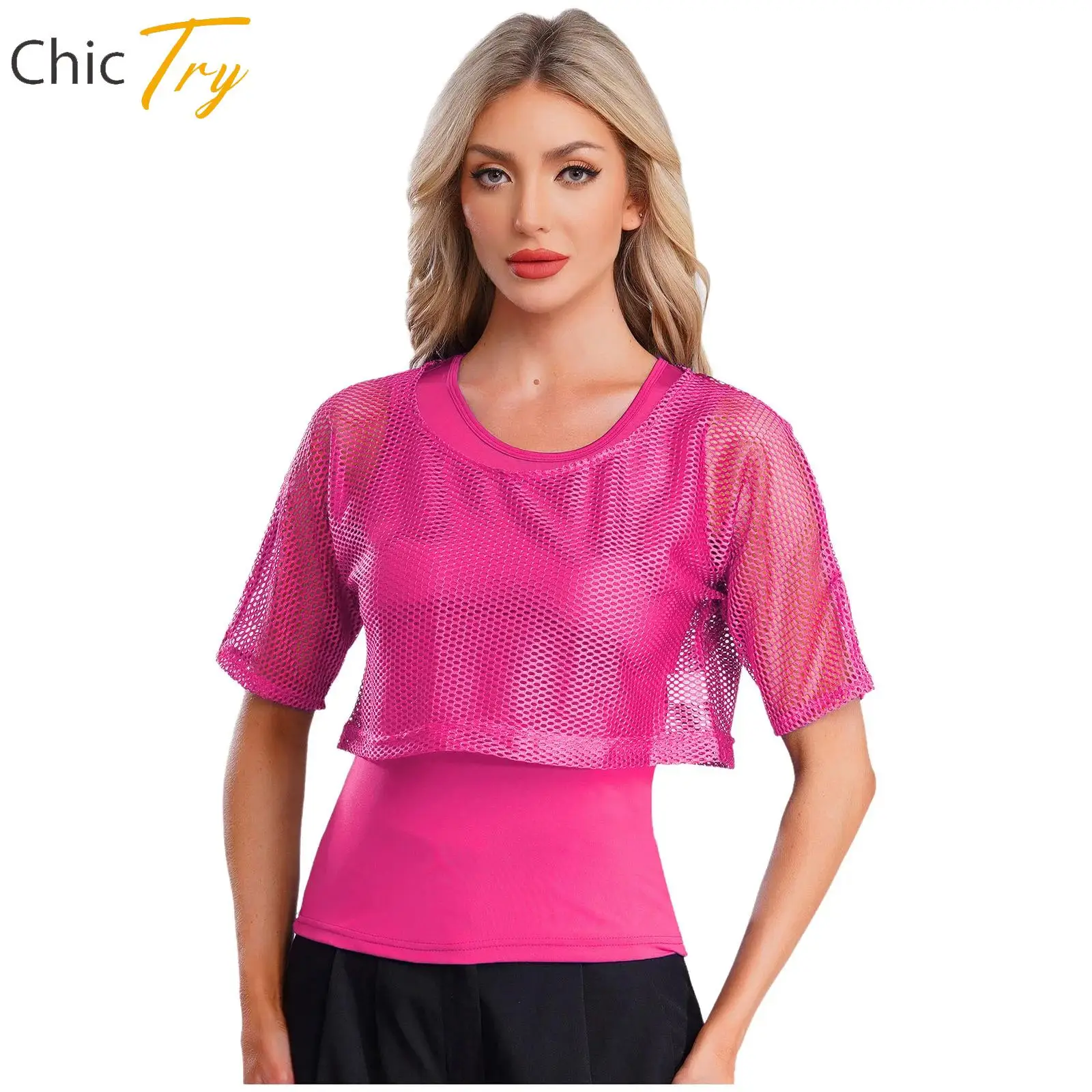 

Women's 80s Rave Disco Costume Off Shoulder Fishnet Crop T-shirt+Basic Tank Tops 2-piece Set for Music Festival Party Clubwear