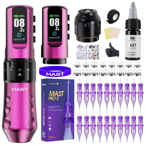 Mast Flip 4 Pro Tattoo Kit Full Set Wireless 7strokes(2.5-4.5mm) 2 Batteries 2000mAh for Lining Shading Coloring Tattoo Supplies