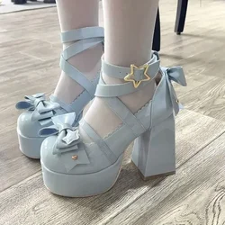 2025 Lolita Shoes Women High Heels Shoes Woman Chunky Sandals Summer Mary Janes PU Leather Shoes Retro Bow Party Platform Pumps