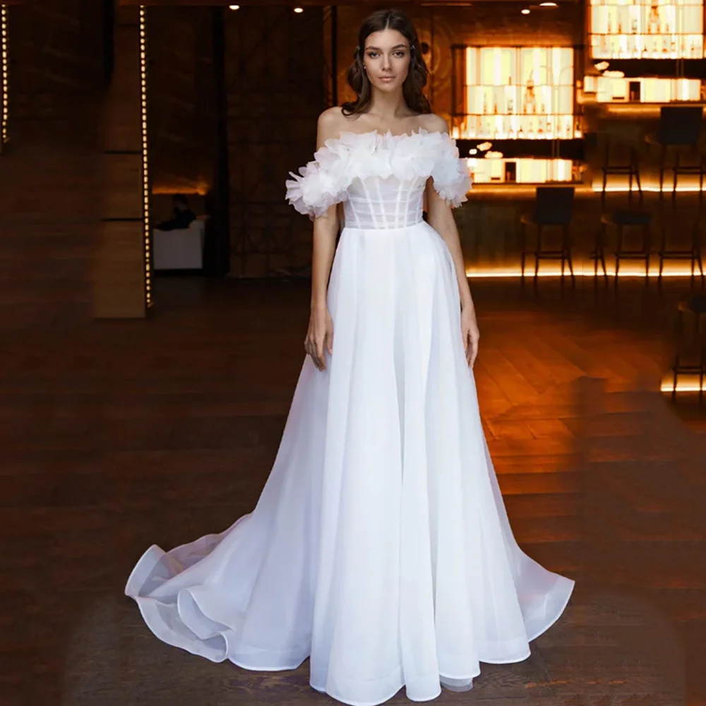 

Customized Modest Boat Collar Chiffon Ruffles Weeding Dress Boho Backless Court Wedding Party Gown Vestido De Novia