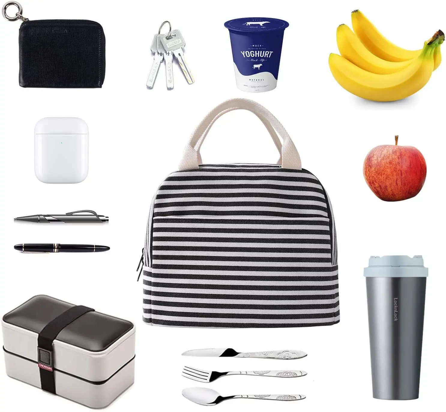 Canvas Lunch Tote Bag for Women for Work with Black and White Stripes, Reusable Insulated Meal Prep Preppy Lunch Box Bag