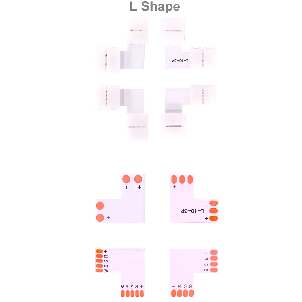 10mm LED Strip Connectors with 2/3/4/5 Pins, L/T/X Shape Solderless Connectors for WS2811, WS2812B, and SMD5050 Series LED Strip