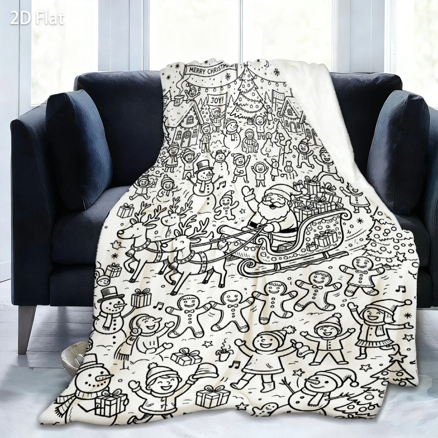 1pc 2D Flat Christmas Town Coloring Blanket, Santa Sleigh Reindeer Snowman Line Art Throw, DIY Colouring Sofa Blanket