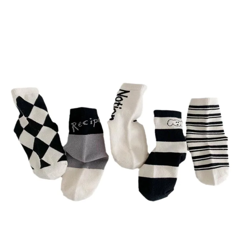 5 Pairs of Children\'s Socks Spring and Summer Thin Skin-friendly Breathable Simple Trend Cute Boys and Girls Mid-tube Socks