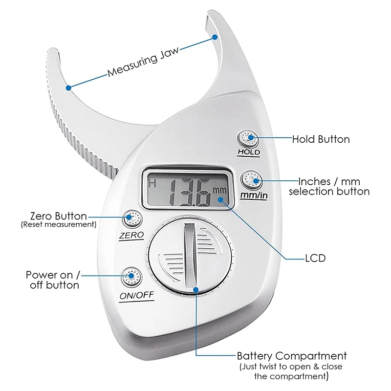 Electronic Body Adipose Caliper Monitor Analyzer Digital Skinfold Measurement Tester Caliper Muscle Keep Slimming Silver