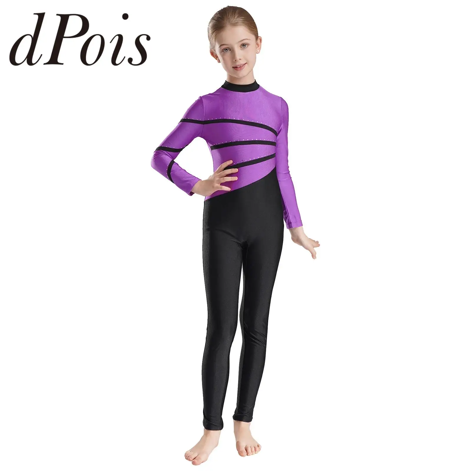 Children\'s Gymnastics Leotard Kids Girls Contrast Color Dance Jumpsuit Long Sleeve Figure Skating Bodysuit for Competition