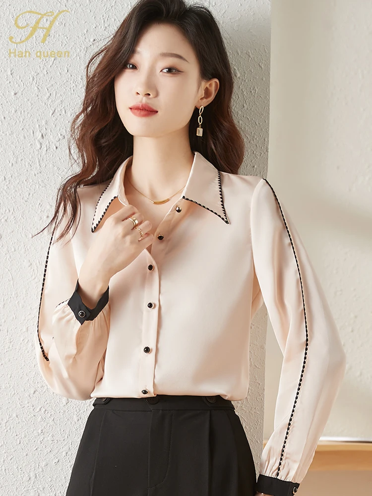 H Han Queen Korean Autumn Blusas Women Vintage Satin Colorblock Tops Chiffon Long Sleeve Casual Blouse Work Wear Office Shirts