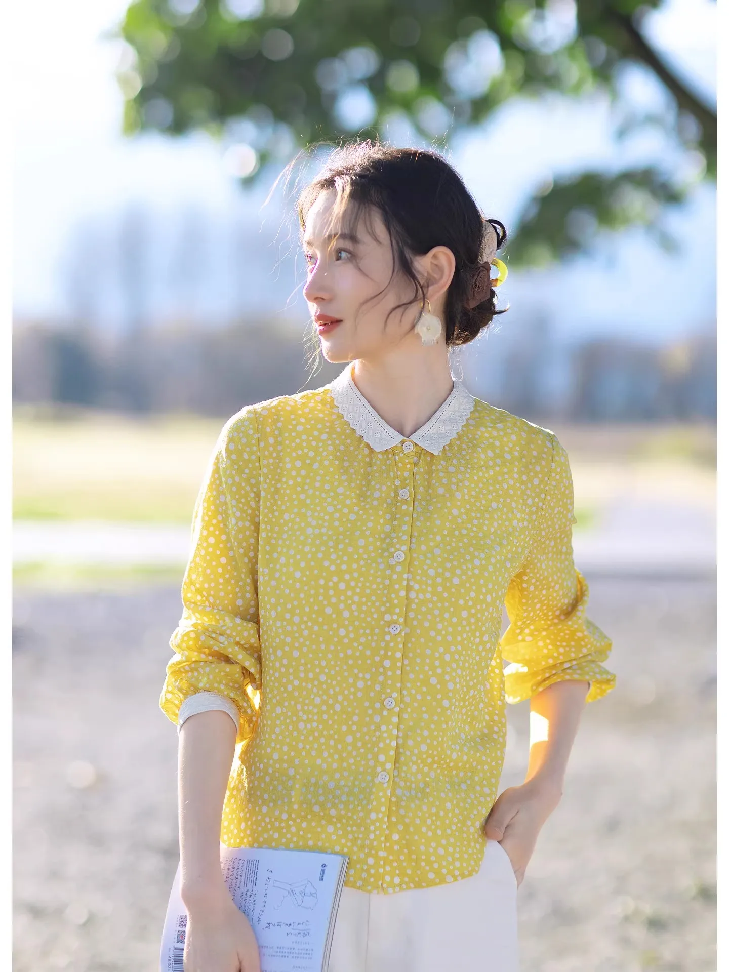 

Red Yellow Pure Cotton Long Sve Women's irt Spring 2026 New Sle Artistic Loose Fit Breathable Comfortable Top