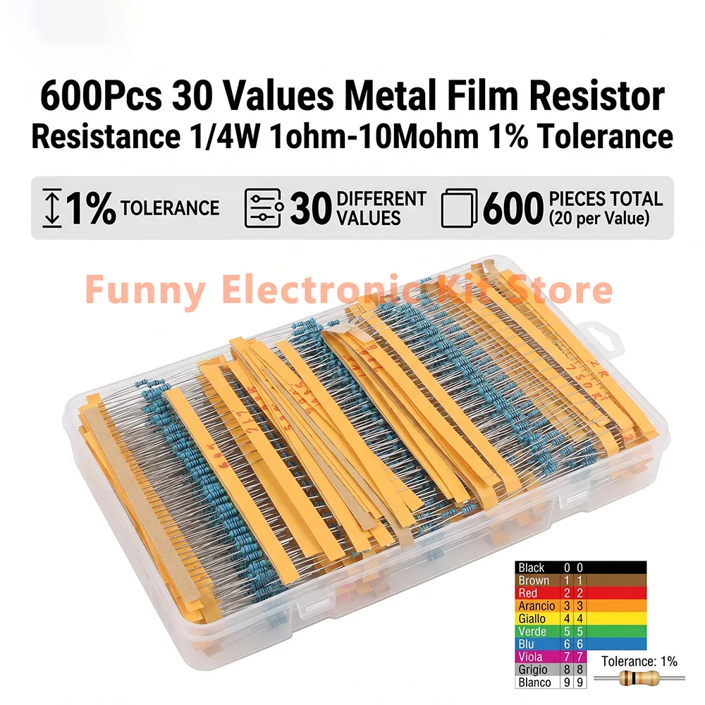 600 Pcs Assorted Metal Film Resistor Kit 30 Values 1/4W Resistance 1ohm-10Mohm 1% Tolerance for Electronics Projects