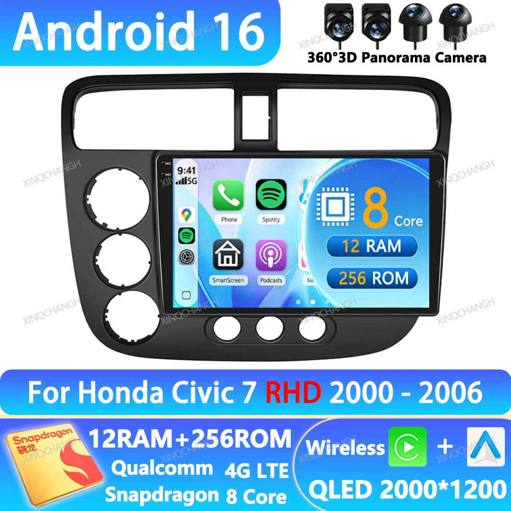 Android 16 Car Radio For Honda Civic 7 2000 2001 - 2006 GPS Multimedia Stereo Video Player Navigation 2DIN 4G WIFI BT Head Unit