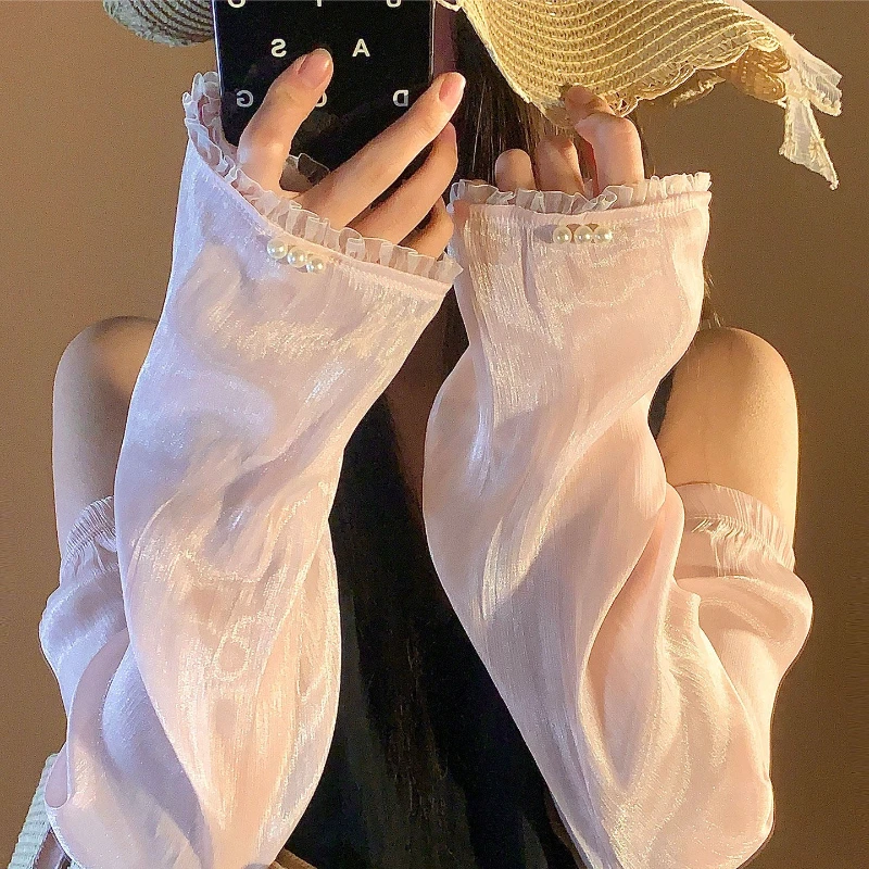 Korean Ins Pearl Lace Sunscreen Sleeves Mushroom Edge Lace Sweet Loose Women's Outdoor Sleeves Summer Travel Seaside Sleeves