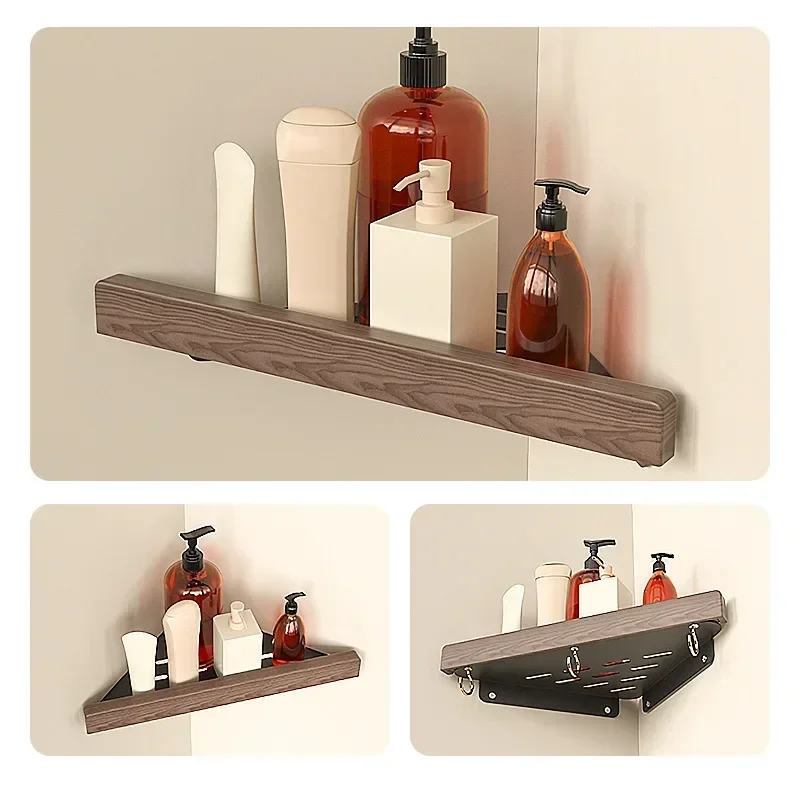 

No Punching Bathroom Walnut Corner Shelf With Hook Waterproof Anti-Rust Shampoo Shower Gel Storage Tripod Bathroom Accessories