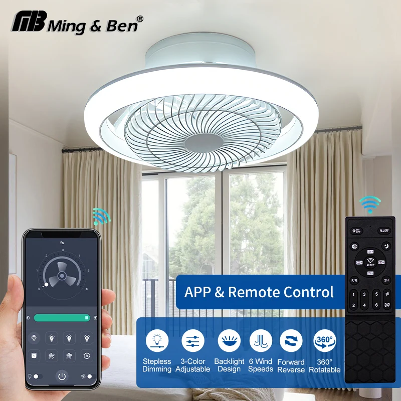 Ventilateur de plafond moderne de 49 cm avec lumières LED, télécommande intelligente par application, gradation progressive, silencieux, 360° °   Ventilateur avec lumière pour la décoration de la chambre à coucher