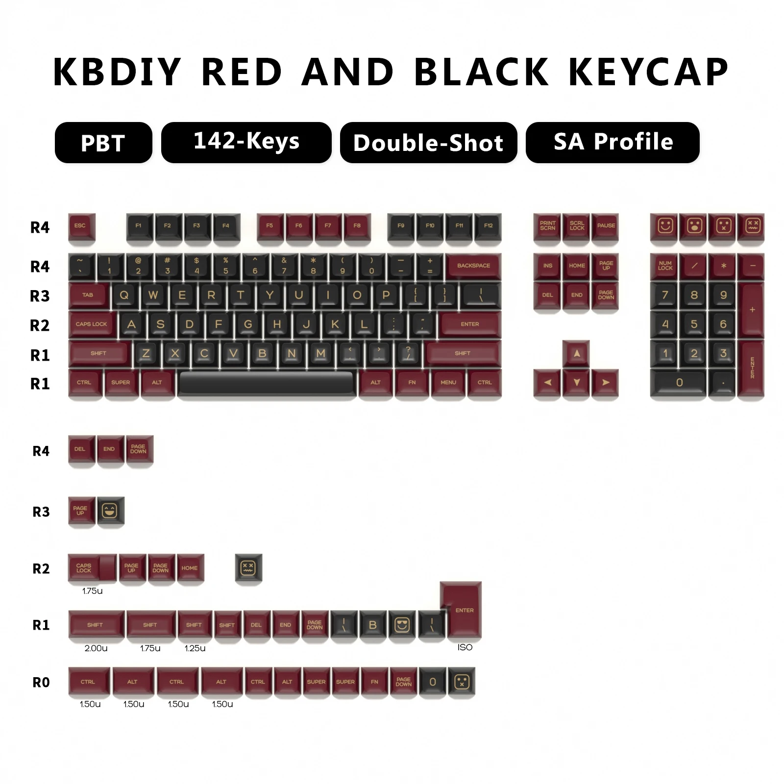 KBDiy-Capuchons de clavier double injection, profil SA, noir et rouge, ensemble PBT, ISO pour clavier mécanique, personnalisés, 142, HTML, 61, 87/64