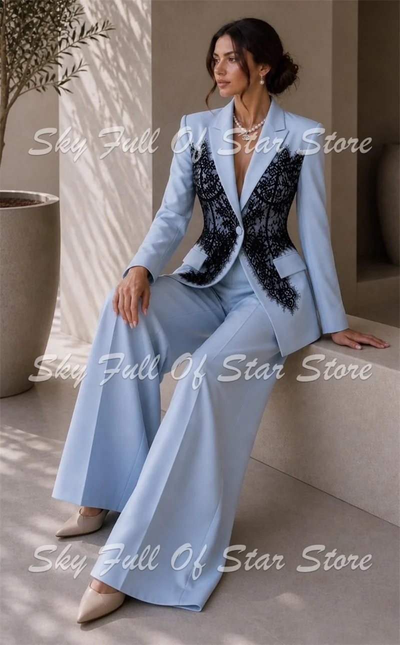 Blue Women Suit Set 2 Pcs Black Lace Splicing Fitted Blazer Wide Leg Pants Custom Formal Evening Wedding Business Lady Jacket