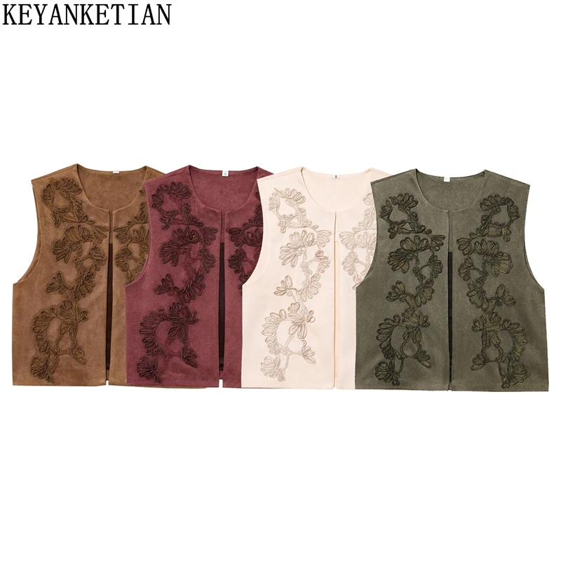 

KEYANKETIAN 2025 New Women's Embroidery Decoration Suede Waistcoat Ethnic style O-Neck Sleeveless Slim Cardigans Vest Thin Top