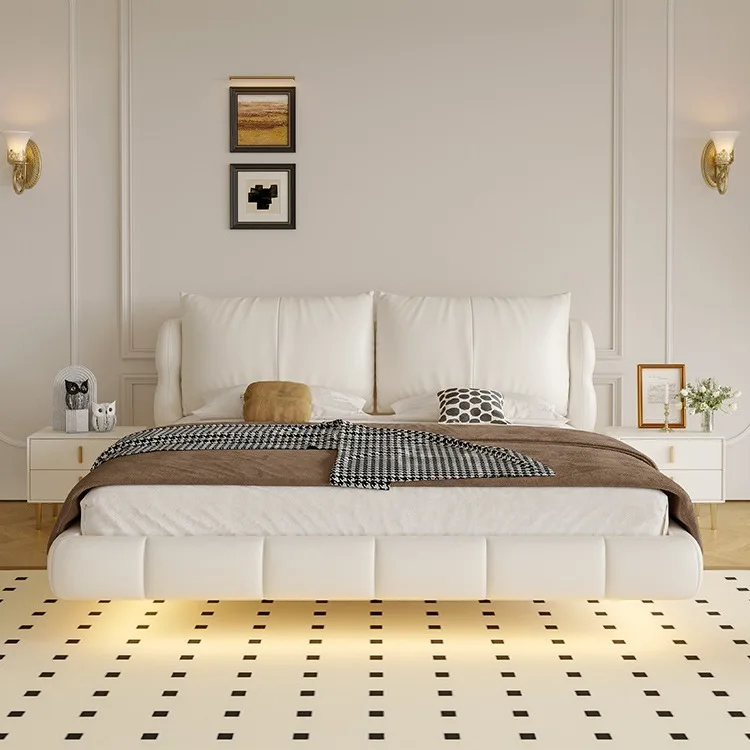 #Factory Wholesale New Model Bedroom  Floating Modern Double Leather  Simple Soft Pack Large Wedding Bed