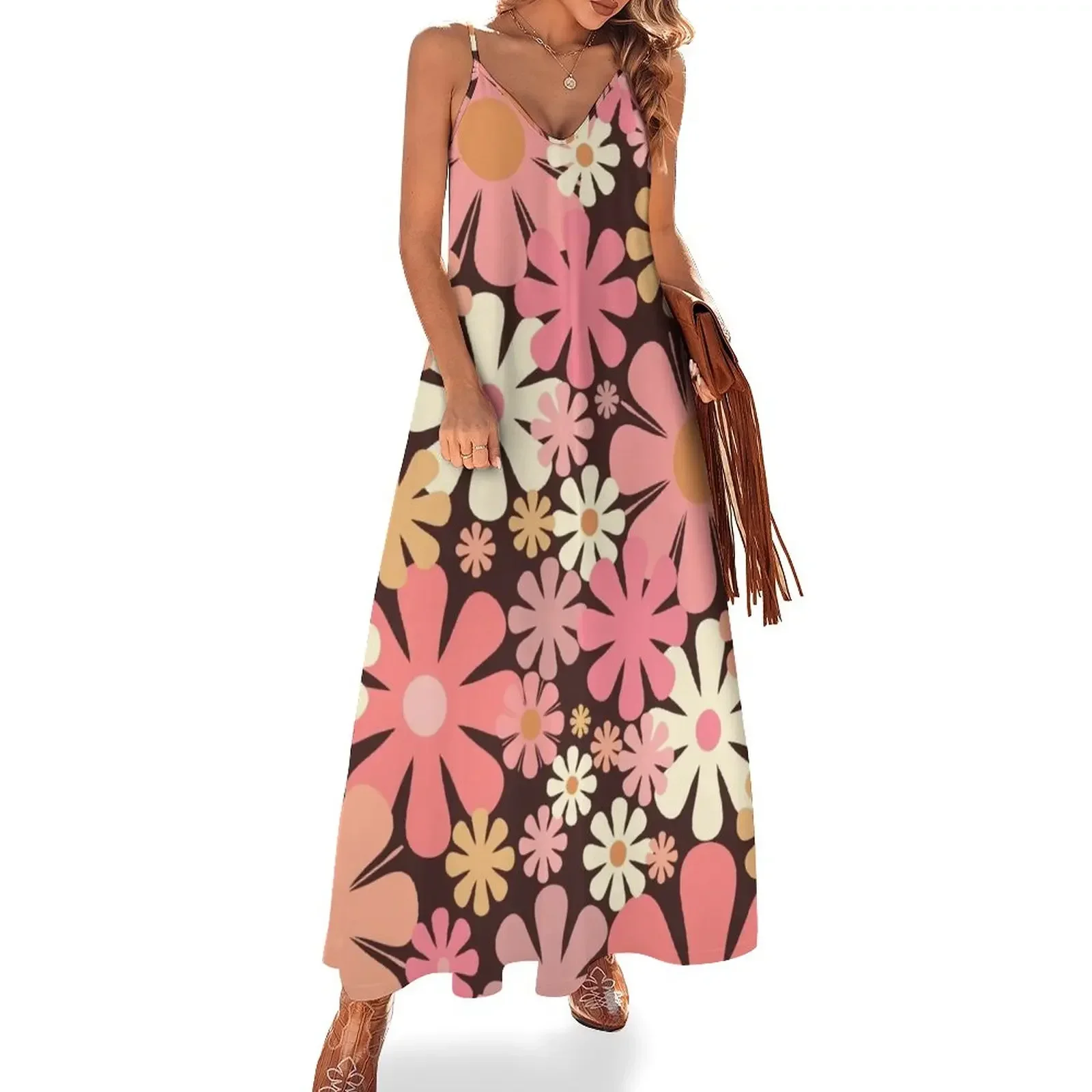 

Vintage Aesthetic Retro Floral Pattern in Blush Pink and Brown 60s 70s Style Sleeveless Dress dresses for womens 2024 Dress