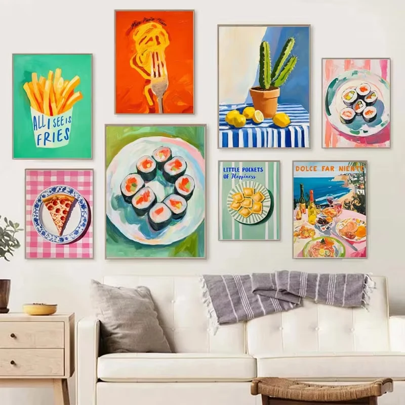 Food Wine Fruits Poster Canvas Paintings Pizza Pasta Avocado Sushi Wall Art Pictures for Home Kitchen Living Room Decor No Frame