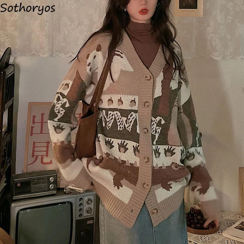 Cárdigans de ocio para mujer, suéteres holgados con cuello en V de un solo pecho con dibujos animados, prendas de punto Vintage para parejas, cárdigan para estudiantes universitarios Ins BF