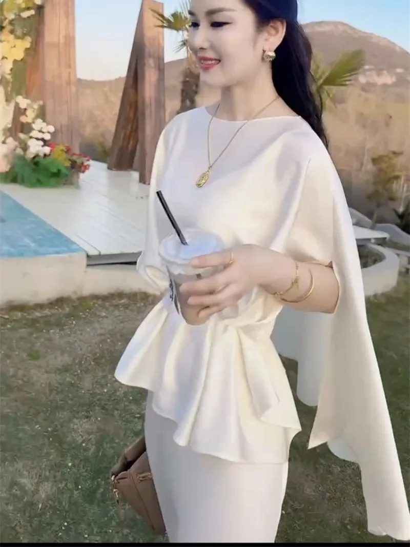 

New Fashion Elegant Summer Women's Suit O-neck Irregular Design Shawl Pleated Top + Long Skirt Two Piece Set Solid Color Outfit