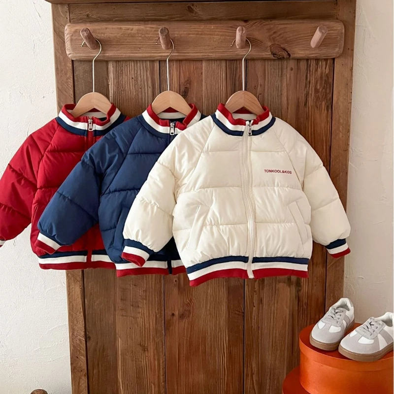 

2024 Children's Autumn and Winter Stylish Color Blocked Collar Warm Baseball Cotton Jacket