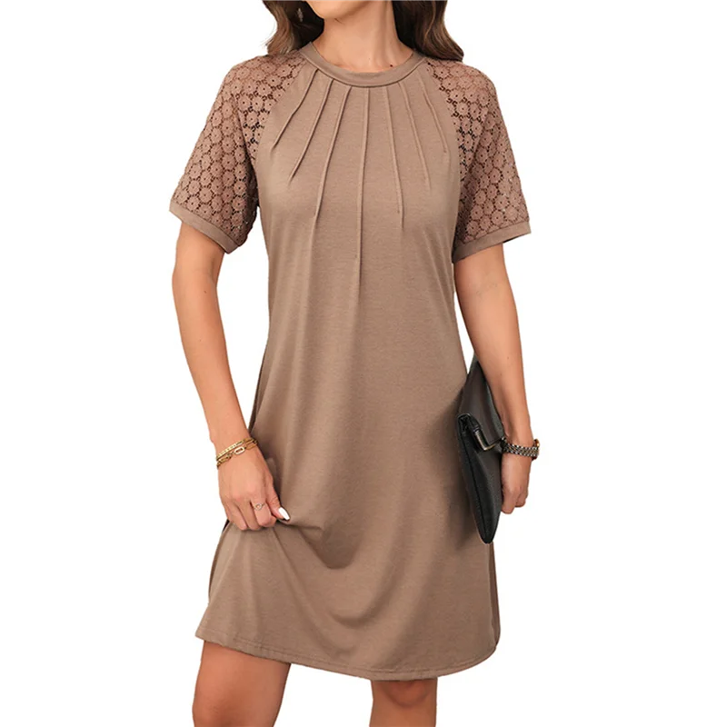 FX-Vestido feminino de verão com manga curta de renda e camiseta casual com gola redonda e vestidos plissados na frente