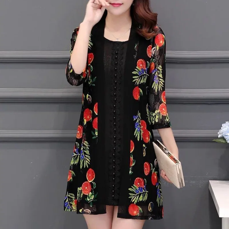 

2023 New Fashion Trend Lace Print Three Quarter Mid Length Air-conditioned Shirt Casual Loose Outerwear Simple Cardigan Jacket