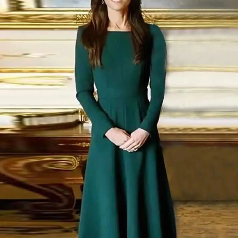 케이트 미들턴 프린세스 스퀘어 칼라 긴팔 워크 드레스, 솔리드 그린 원피스 패션, 22803