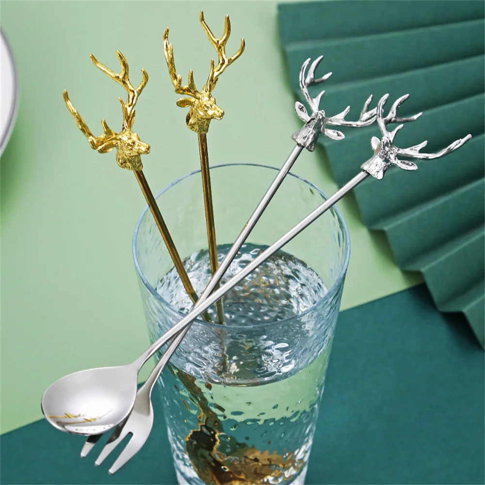 4-1pcs Stainless Steel Antlers Coffee Stirring Spoon Teaspoon Cake Dessert Ice Cream Spoon Fork Fruit Fork Kitchen Tableware