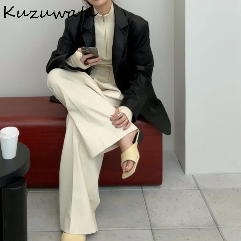 Kuzuwata Notched Collar Long Sleeve Vintage Jacket Casual Single Breasted Slim Fit Mix Outwears Japan Loose Fashion Pocket Coat