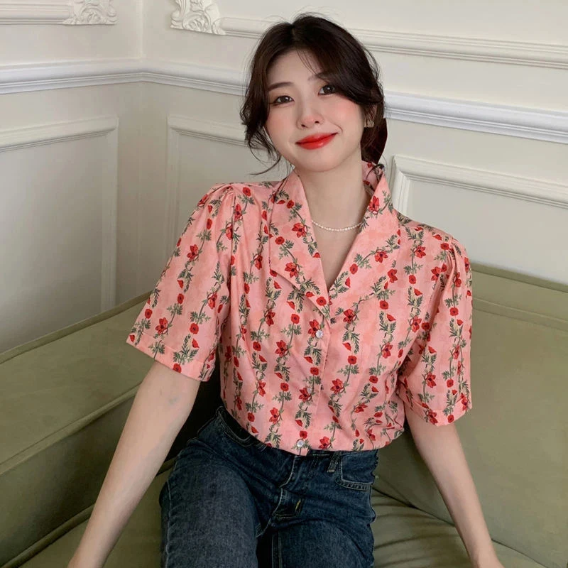 Vintage Shirts Women Sweet Elegant Floral Print Blouses Summer Retro Streetwear Harajuku Korean Loose Casual Cardigan Tops New