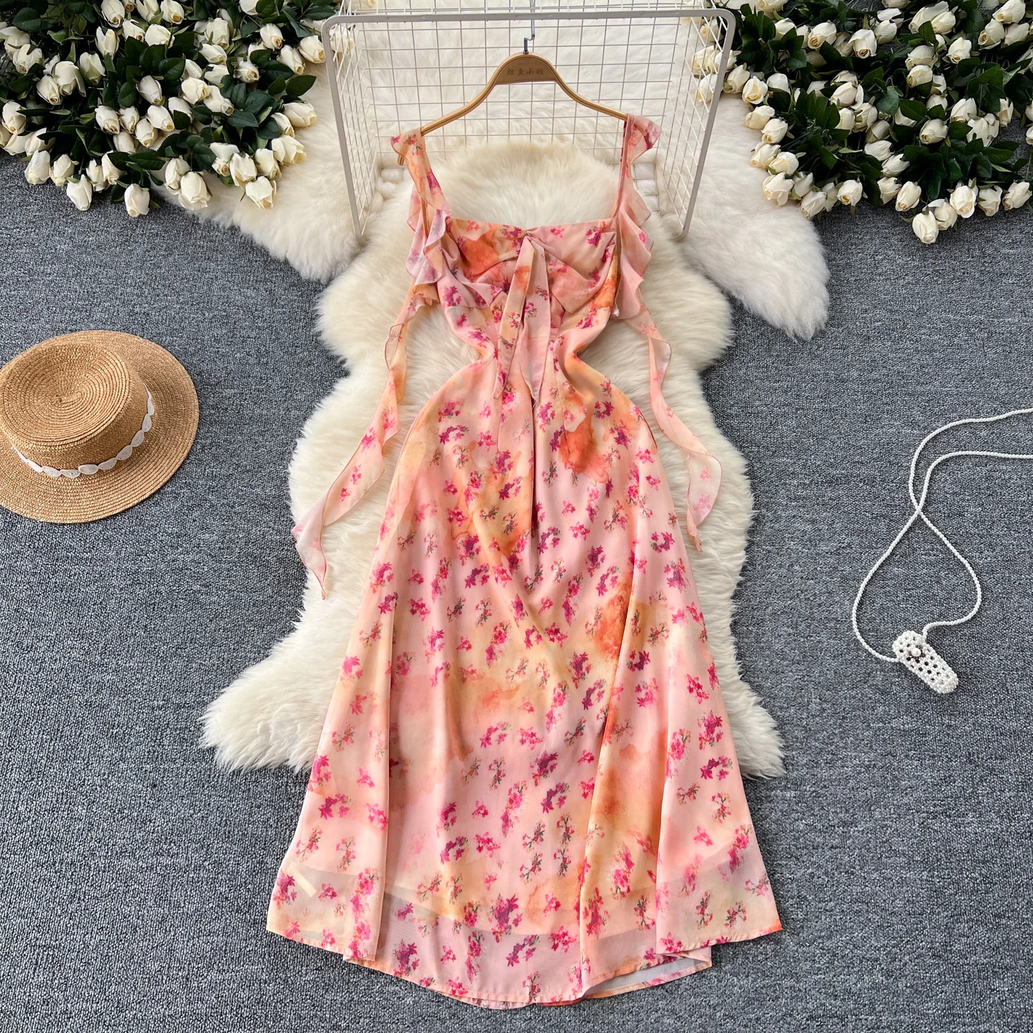 

Sexy summer Flying sleeve flower sweet Elegant ruffle Dress Chic Vintage Women Beach Casual chiffon dresses