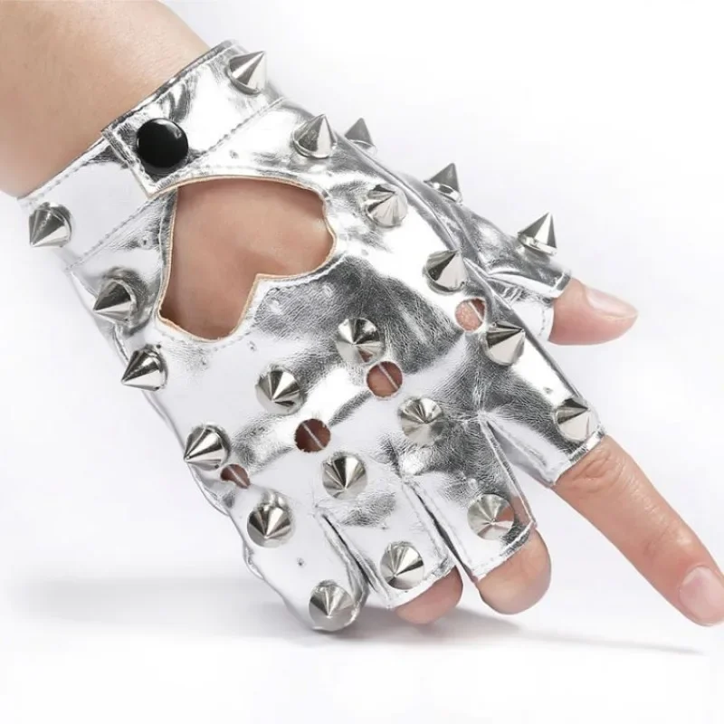 فاسق DS قفازات جلدية معدنية الإناث نصف اصبع التوابل الفتيات وظيفة JK Baring أصابع لو شخصية كول تلميح برشام بولي PU