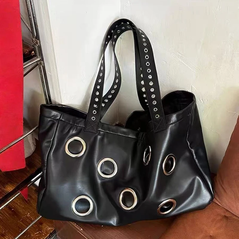

Luxury Punk Tote Studded Hollowed-out Design In Soft Leather Handbag Large Capacity Underarm Shoulder Bag Shopping Bag Storage