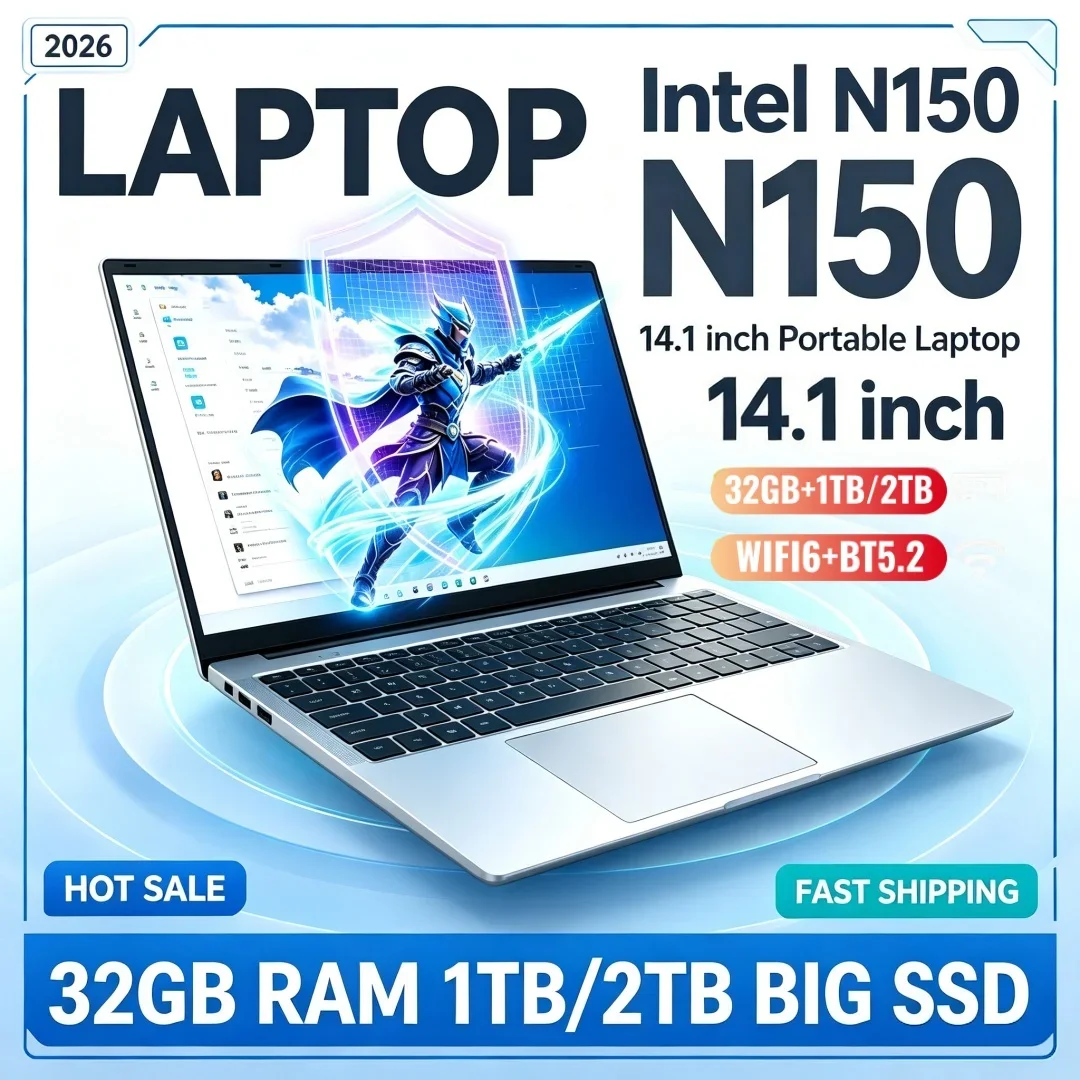 Portable Laptop Stylish 14.1 Inch Intel Core N150 Ultra Slim 16/32GB RAM 1/2TB BIG SSD Bright Windows11 Office Study