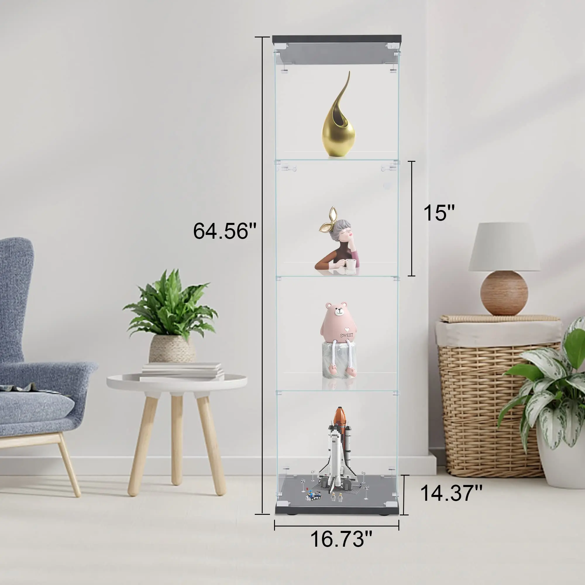4 Shelves Glass Display Cabinet with Door, Curio Collection Display Case for Home Office, Floor Standing Bookshelf