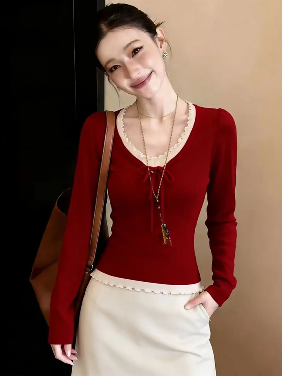 

Red Knitted U-Neck Belted Women's Top for New Year Slim Fit Fake Two-Piece Base Layer Shirt Korean Style Long Sleeve Polyester