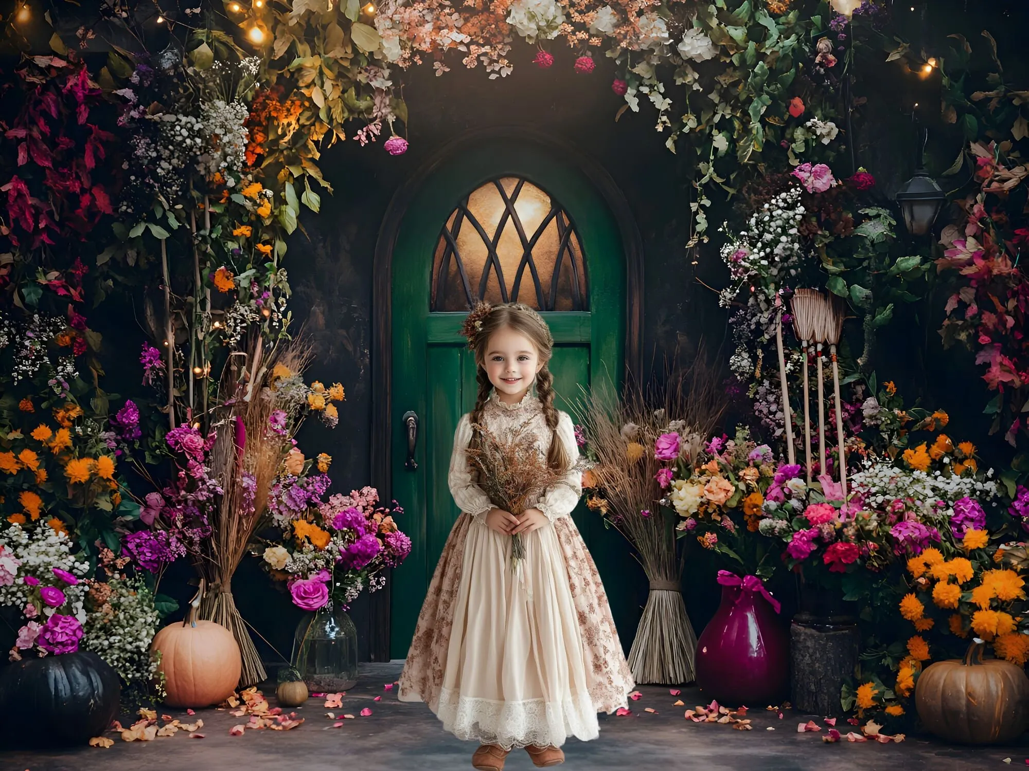 Mehofond Photography Background Halloween Pumpkin Witch Wood Door Flower Kid Birthday Party Portrait Decor Backdrop Photo Studio