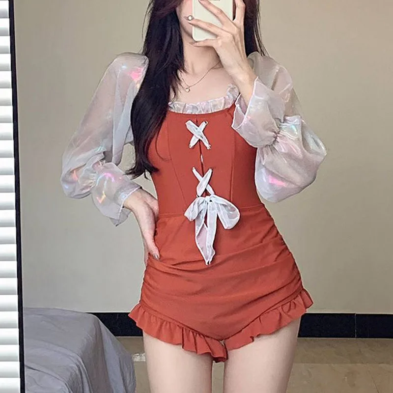 Summer New Color Block Bow Ruffles Conservative One Piece Swimsuit With Chest Pad Without Steel Support Hot Spring Swimsuit