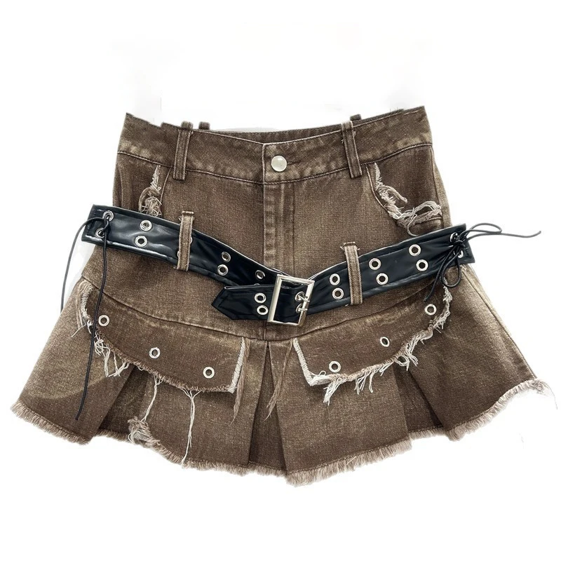 WTHT nuevo diseño de cinturón Vintage para mujer Mini faldas acampanadas con borde de rebaba 2025, Falda plisada de cintura alta a la moda de verano para mujer 1LS1767