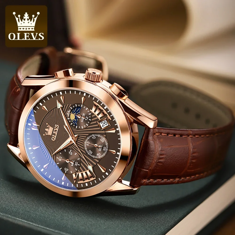 OLEVS 2876 Multifunctional Luxury Genuine Leather Strap Watches for Men Quartz Sport Waterproof Men Wristwatches Luminous