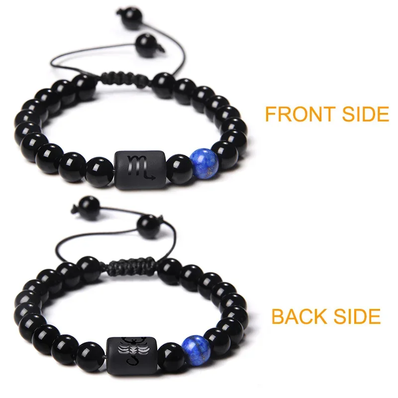 12 كوكبة علامات زودياك سوار أسود الجزع الخرز السرطان ليو الجزع مضفر سوار للنساء الرجال الأزواج مجوهرات هدية