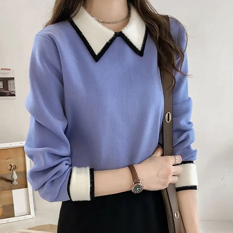 Fashion Polo-Neck Knitted Spliced All-match Blouses Women\'s Clothing 2024 Autumn Winter New Loose Casual Tops Commuter Shirts