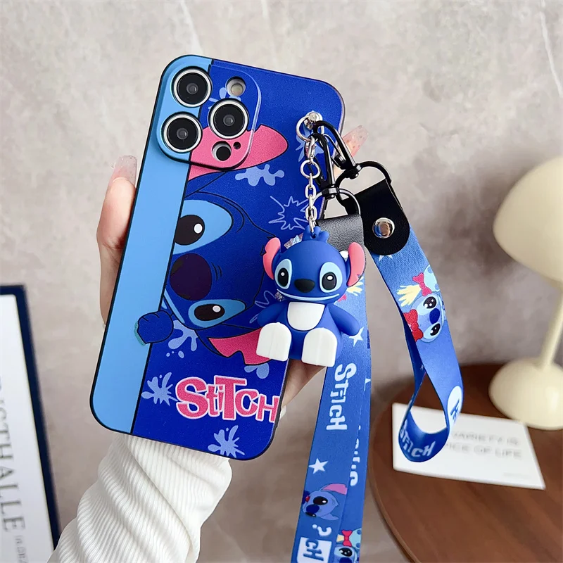 Disney Lustige Cartoon Nette Stich Engel Stretching Stand Lanyard Telefon Fall Für iPhone 12 11 13 14 15 Pro max X XR Weiche TPU Fällen