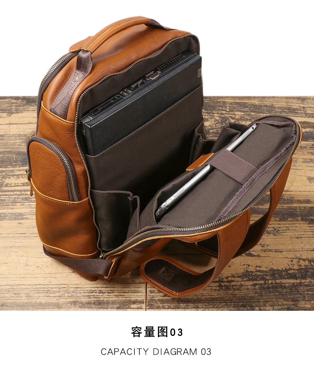 حقيبة ظهر رجالية من الجلد الطبيعي ذات سعة كبيرة حقيبة كمبيوتر محمول متعددة الوظائف للسفر حقيبة ظهر كاجوال