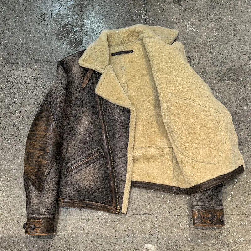 Casual fur one-piece men's lapel slanted zipper heavy-wash coat