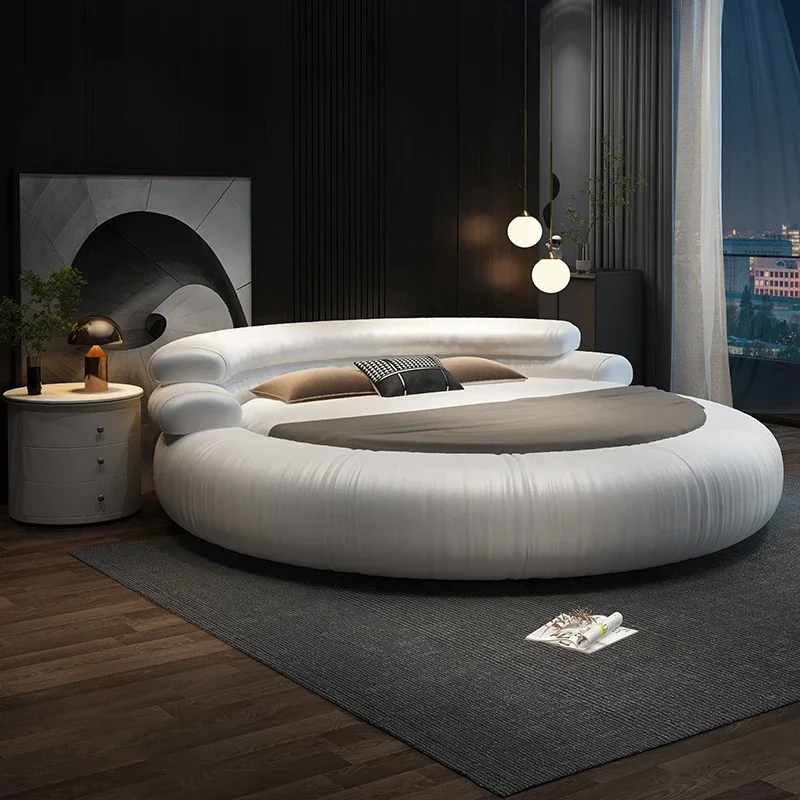 200x200cm 220x220cm Italian Minimalist Leather Round Bed Double Simple Wedding Queen Bed Frames Bedroom Furniture Light Luxury